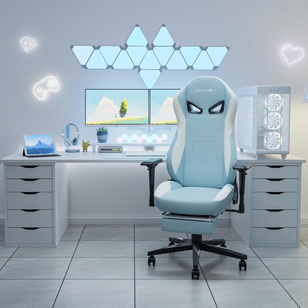 KORNOX Ergonomic Gaming Chair Fabric with Footrest,Office Chair High Back,Game Chair with Headrest and Lumbar Support for Girls,White and Blue