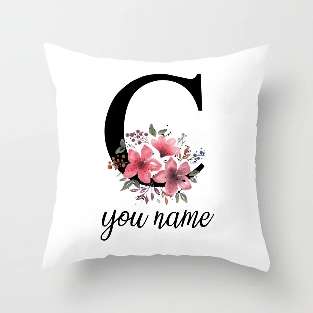 Personalized Name Flower Letter Pillow Case Alphabet Print White Square Pillow Case Dust Cover Bedroom Party Decoration