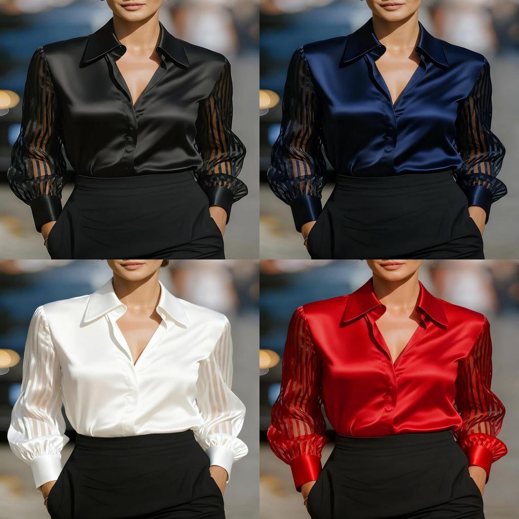 Polyester Long Sleeve Shirt For Women With Solid Color And Elegant Design For Office Wear