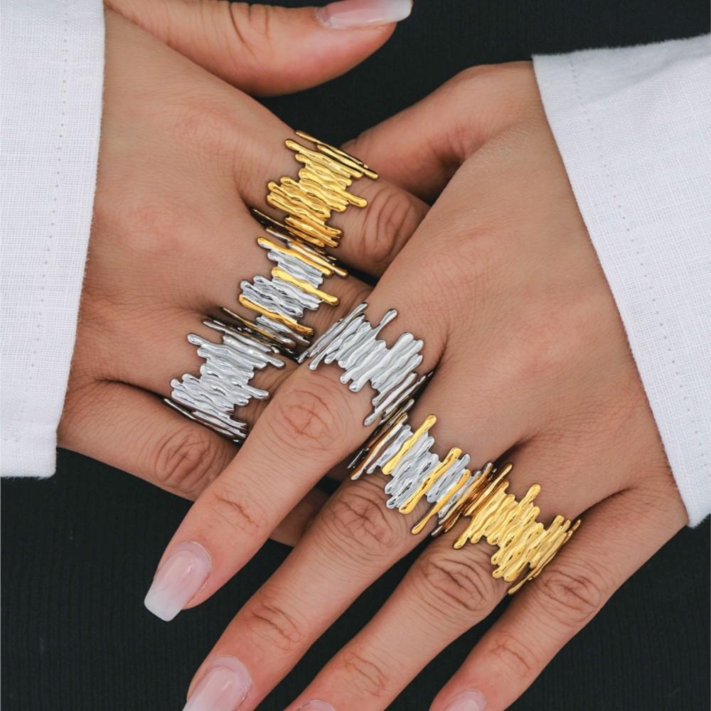 Falling Water Shape Rings In Stainless Steel For Women Men 18k Gold Plated Waterproof No Tarnish Unisex Open Ring Couple Jewelry
