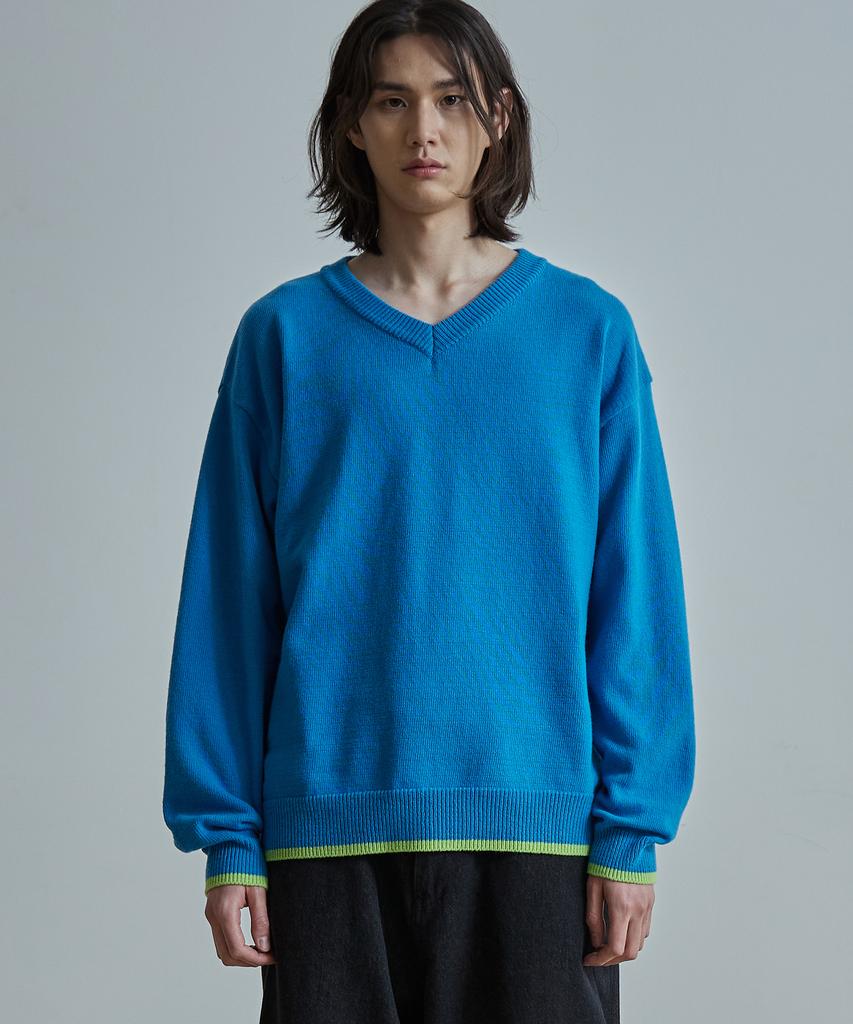 BALLUTE Merino Wool Color Mixed V Neck Knit (Tropical Blue & Lime)