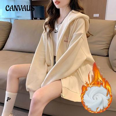 Embroidery Pattern Student Hooded Sweatshirt Women's Plus Size Autumn and Winter Lazy Oversize Zip Fleece Tops