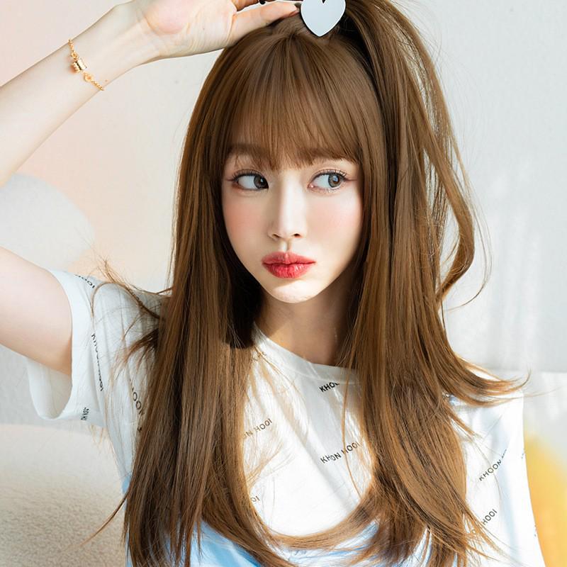 Women's Long Straight Wig with Air Bangs - Age-Reducing Fluffy Hairpiece