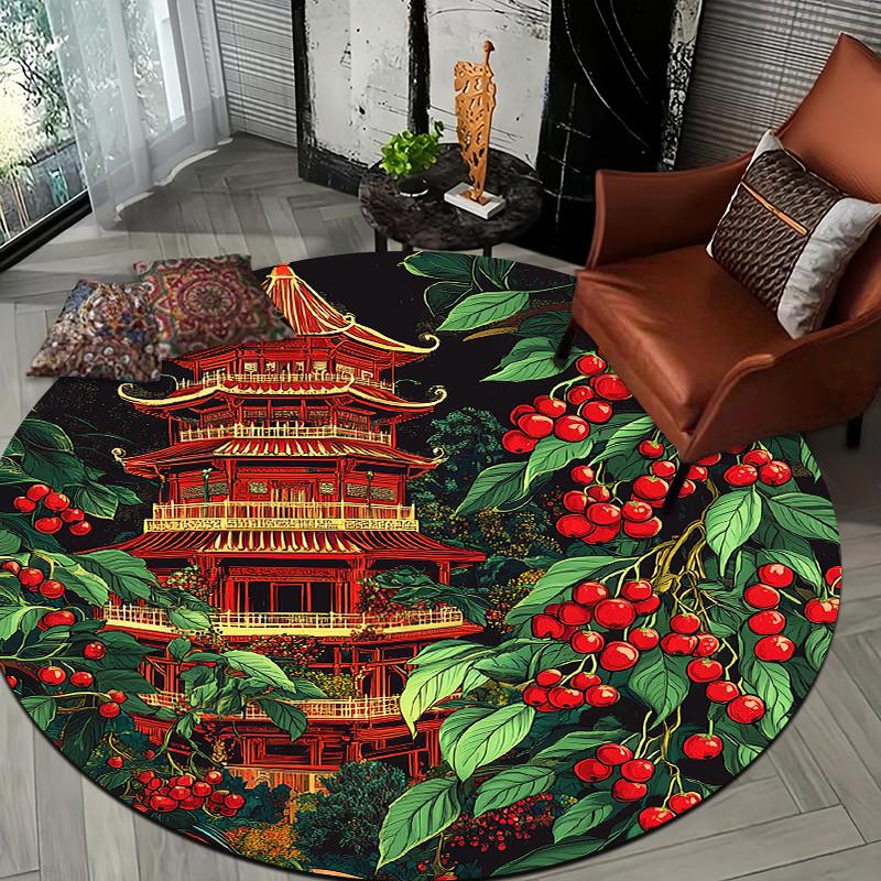 Tower and Berry Theme Flannel-printed round floor mats are slip-resistant Suitable living room bedroom terrace garden carpets