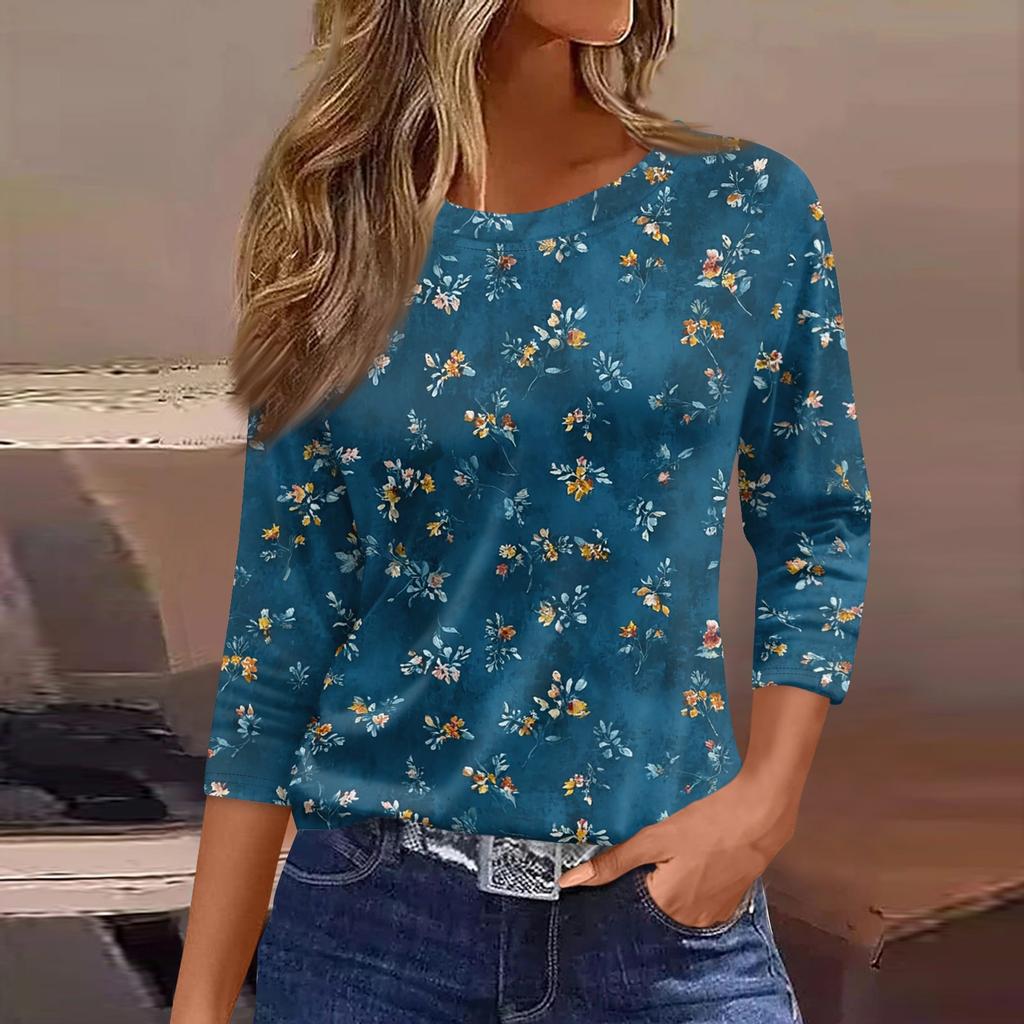 Women's Three-Quarter Sleeve Shirt, Round Neck, Loose Fit, Casual Shirt, Floral Print T-Shirt, Summer