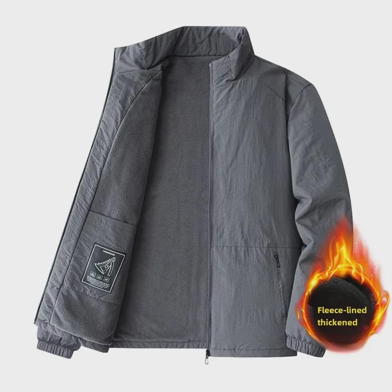 Plüsch-Stehkragenjacke für Herren: Dick, lässig, lockere Passform für Herbst/Winter, ideal für Personen mittleren Alters und ältere Menschen.