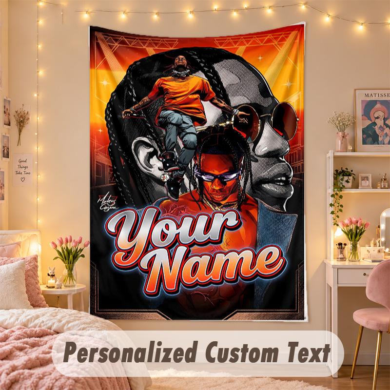 Benutzerdefinierte Personalisierte Wandteppich, Travis Scott Druck Benutzerdefinierter Name Text Wandkunst zum Aufhängen für Schlafzimmer