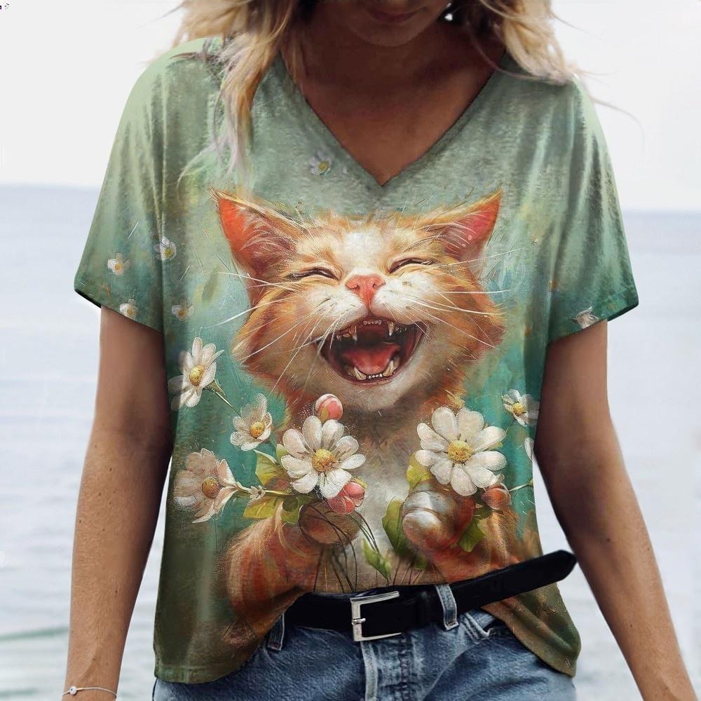 Women's T-shirt with cat print casual short sleeved 3D T-shirt