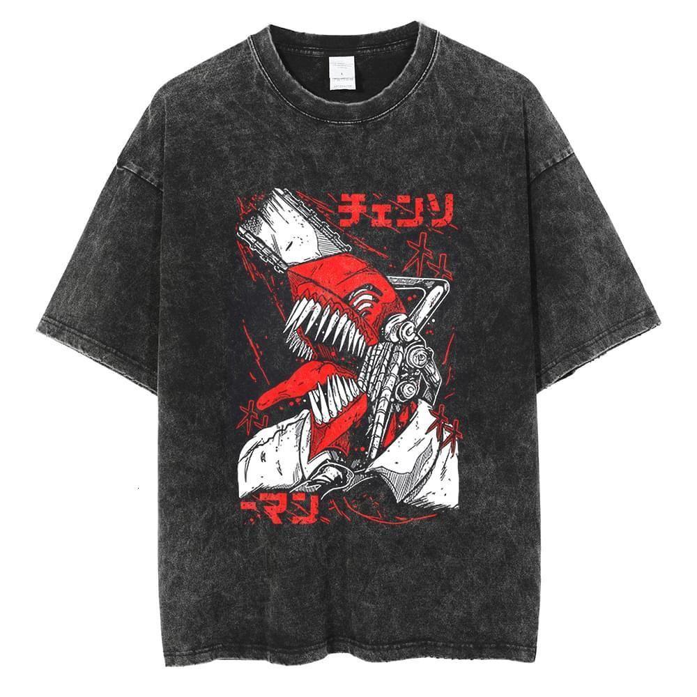 Kettensägenmann Power Anime Bedrucktes T-Shirt für Herren und Damen Gewaschenes T-Shirt Hohe Qualität Vintage Baumwoll-T-Shirt YK Tops