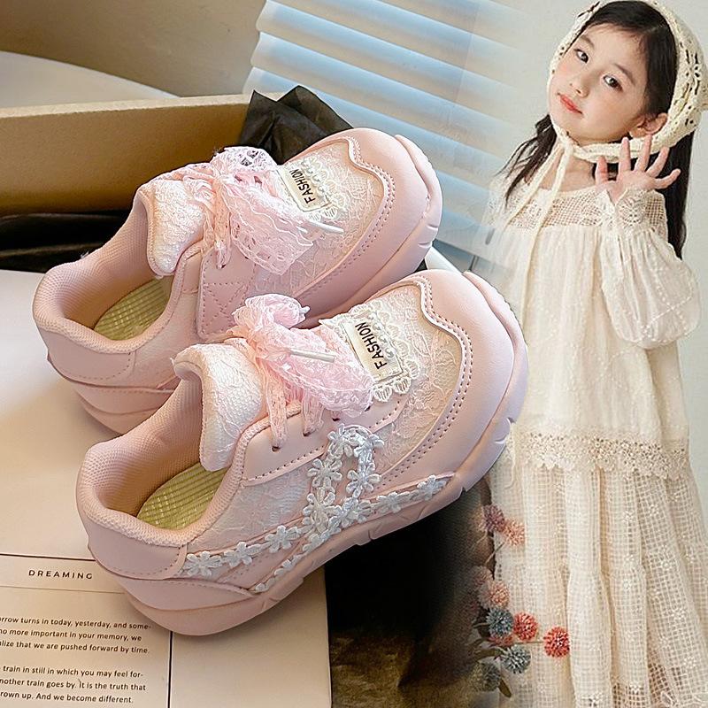 Girls' Solid Color Sneakers2026Summer New Lace Bow Princess Casual Shoes with Small Flowers Running Shoes