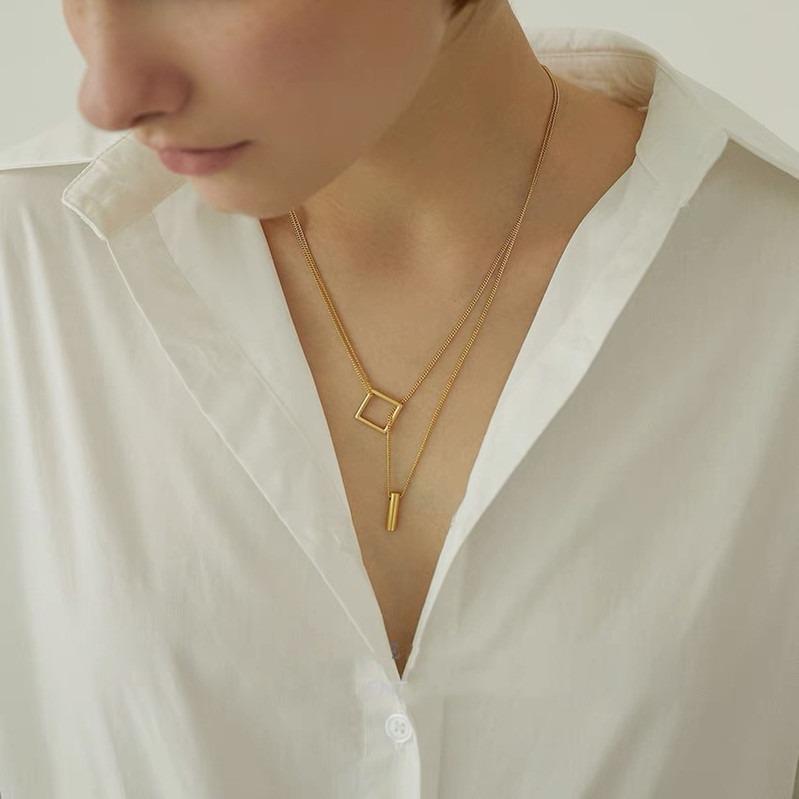 14K Gold Plated Sterling Silver Adjustable Double-Layer Geometric Necklace - European & American Fashion