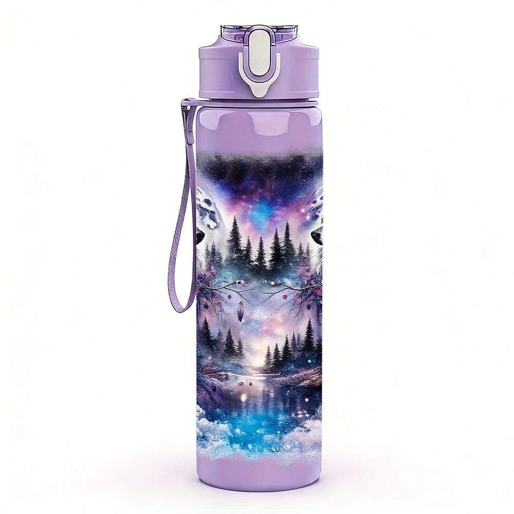 1PC Dark Wolf Psychedelic Color Art Print 750ml Color Plastic Sports Water Bottle Leakproof Flip Straw Lid Suitable for Sports Office Home Use