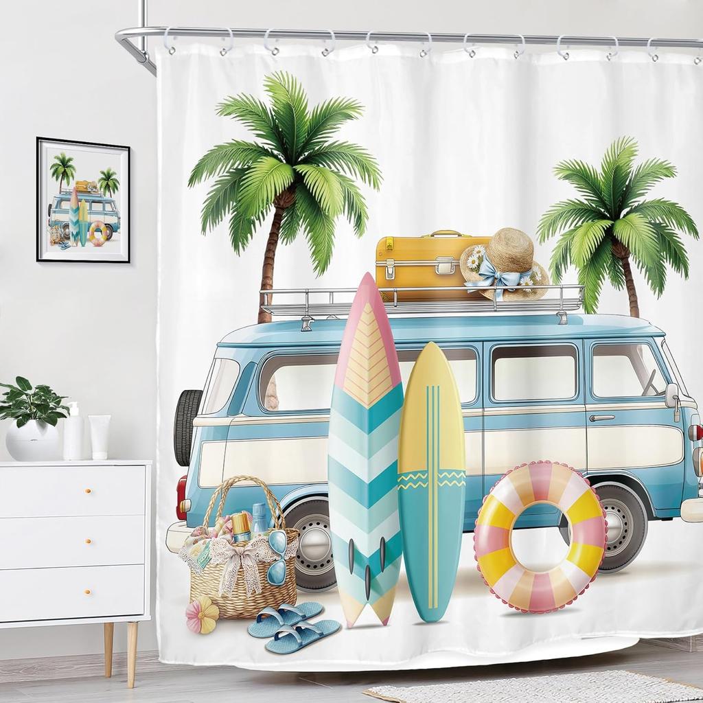 Beach Surf RV Shower Curtain – Tropical Palm Tree & Camping Car Design, Coastal Theme Bath Decor for Men & Boys, with 12 Hooks