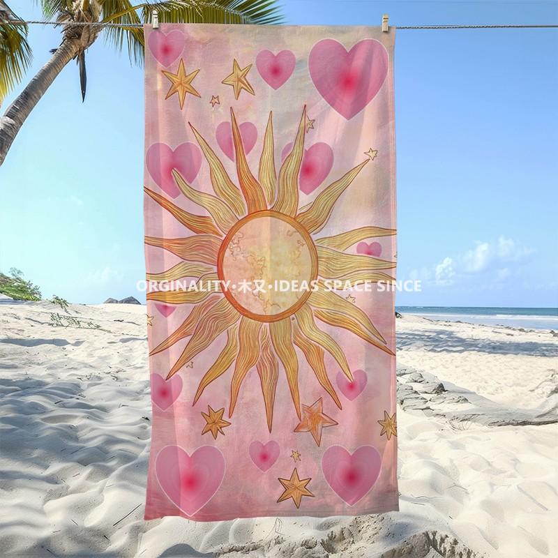 Boho Sun Heart Star Beach Towel Patterned Sunscreen And Windproof Suitable For Swimming Pool Camping Travel