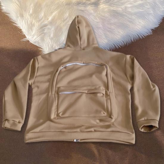 Men Sweatshirt Coat Hooded Long Sleeve Zipper Closure Hoodie Coat with Schoolbag Design Solid
