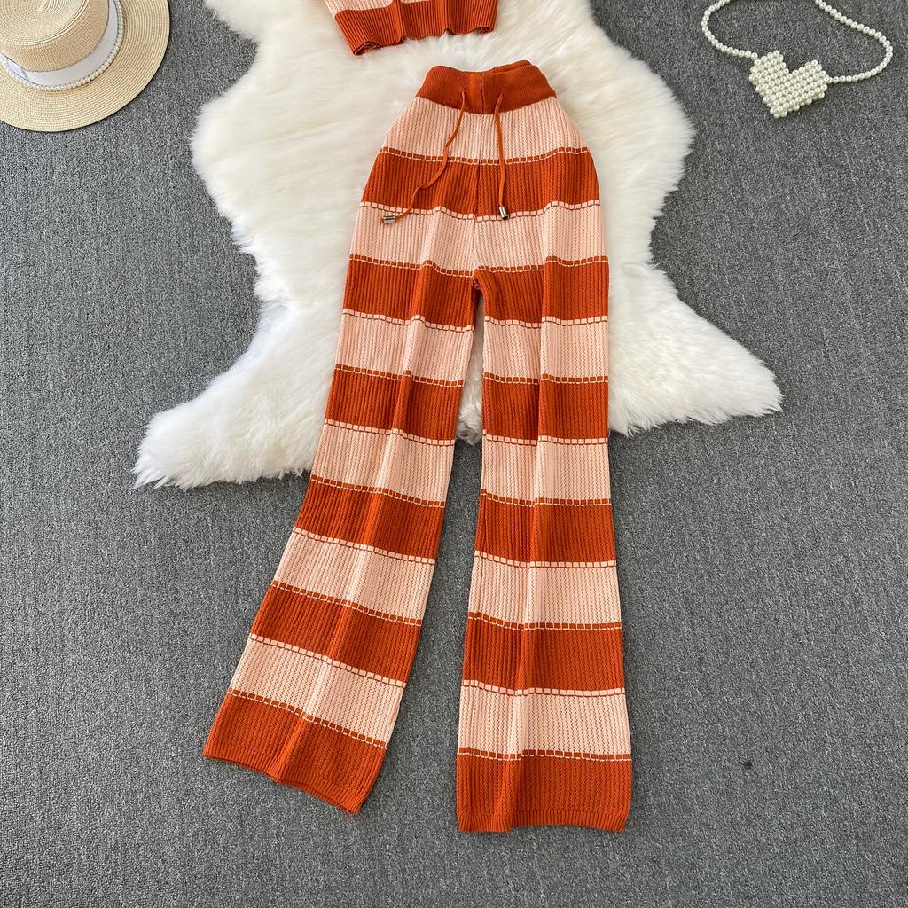 Summer Women Chic Striped Knitted Sweater Trouser Two Piece Set Short Sleeve Pullover Tops and Wide Leg Pant Suit
