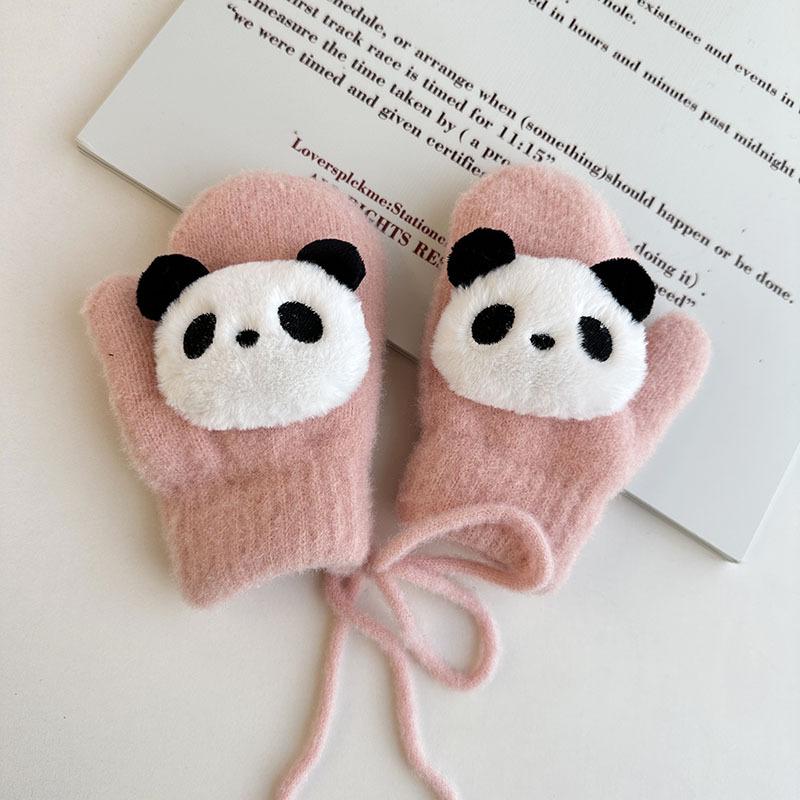 Children's Gloves Autumn and Winter Cartoon Cute Velvet Finger Korean Style Halter Neck Knitted Warm Velvet Thickened Baby Gloves