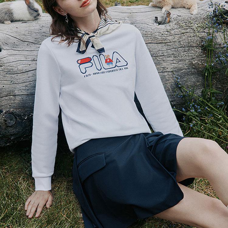 Fila Logo Classic Crewneck Fleece Pullover Vintage Sweatshirt Women Sweatshirt White F51W248290FWT