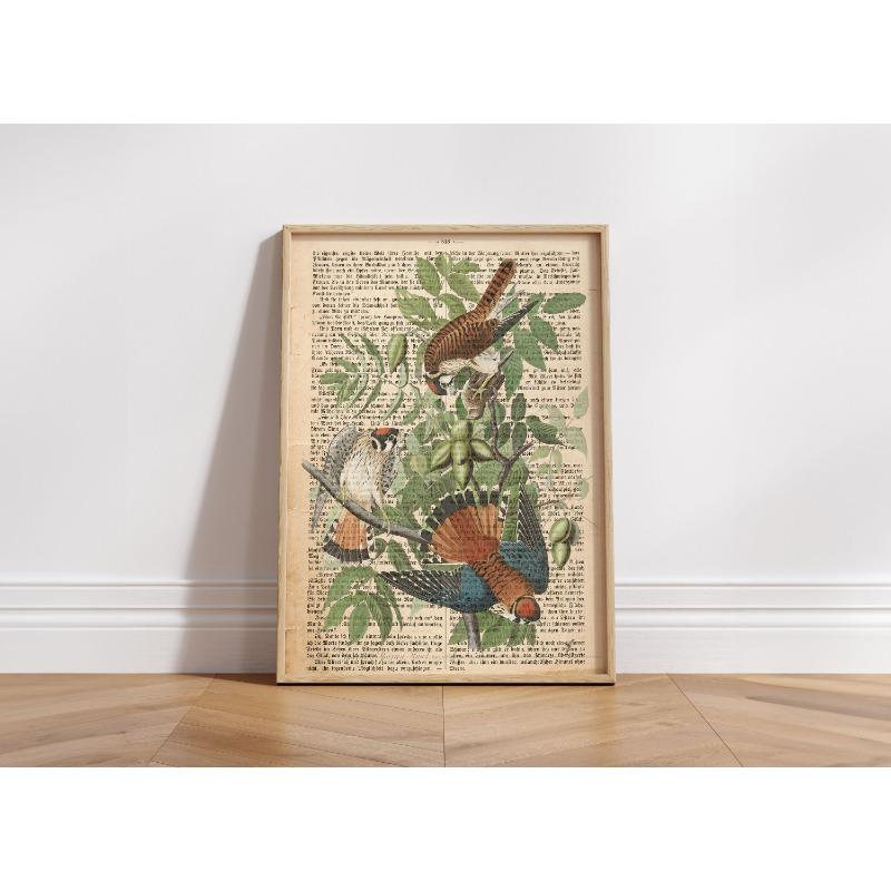 Garden Birds Prints On Old Antique Book Page Botanical Animals Poster and Prints Painting Wall Pictures Living Room Home Decor