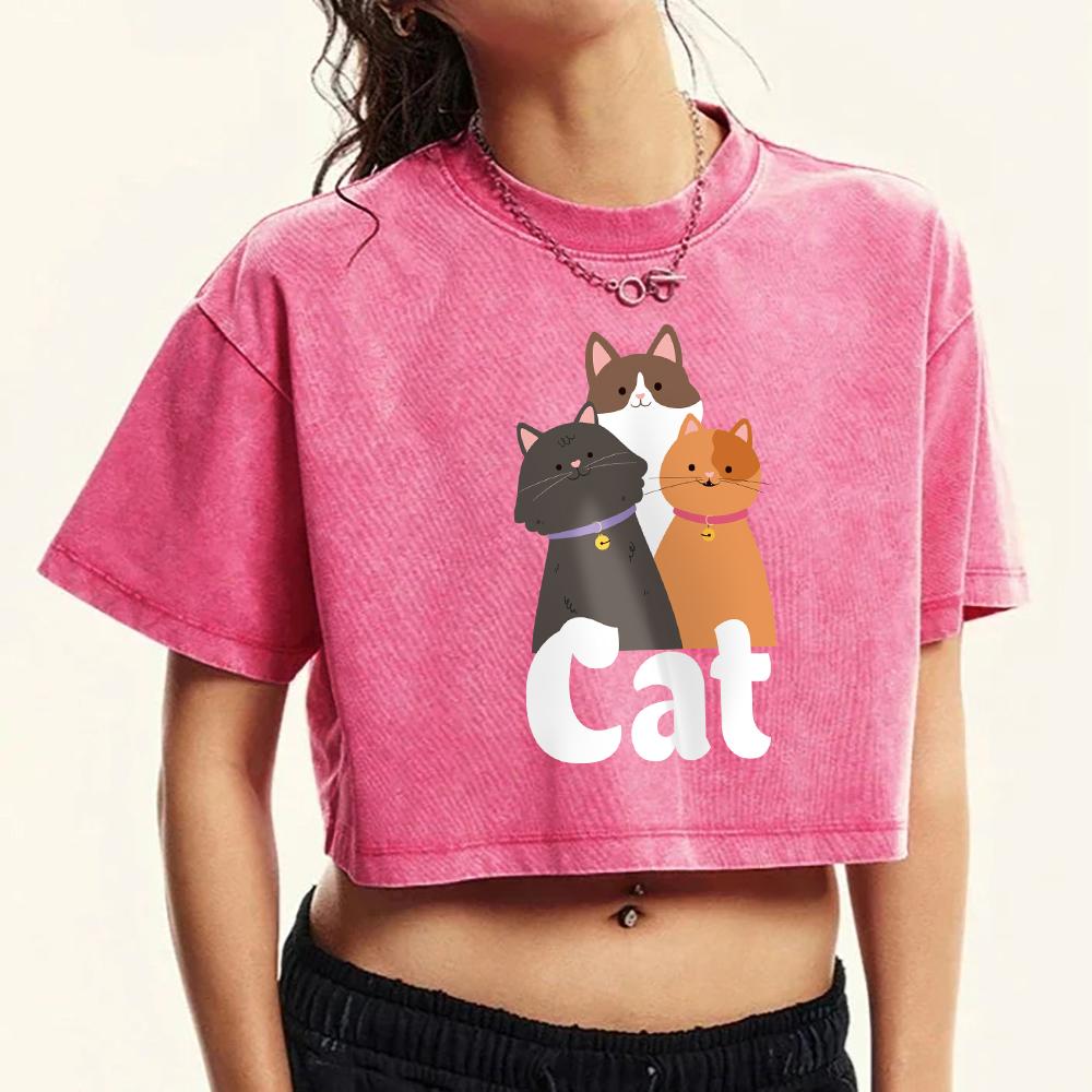 Three Cartoon Cats Print Washed Tee Shirt Women Crop Summer Casual Short Sleeve Cotton T-Shirt Comfortable T Shirts