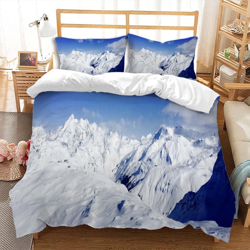 Snowy Mountain Duvet Cover Winter Snow Scene Bedding Set Full Queen Size Natural Snow Mountain Comforter Cover for Bedroom Decor