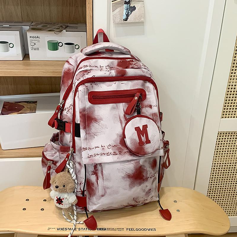 Chinese Inspired Student Backpack With Ink And Wash Print Design For School And Travel красный