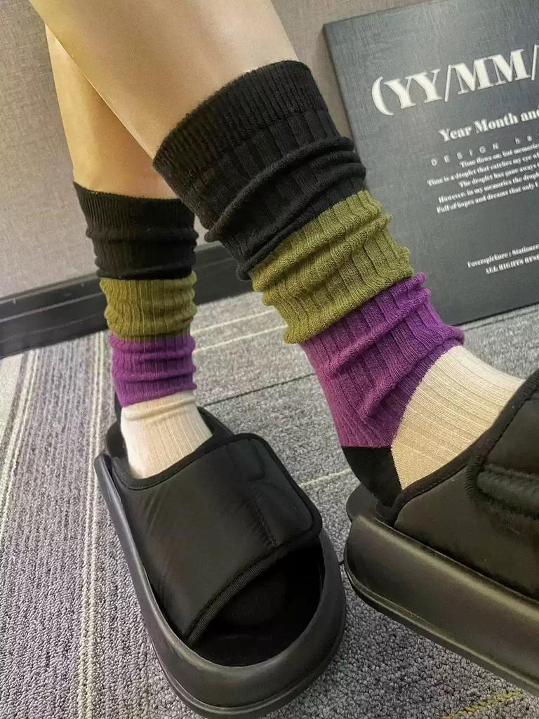 Foreign-Style European Early Autumn Socks For Women'S Dongdaemun Korean-Style Retro Color Matching Medium Tube Socks, Thin Versatile Stacking Socks