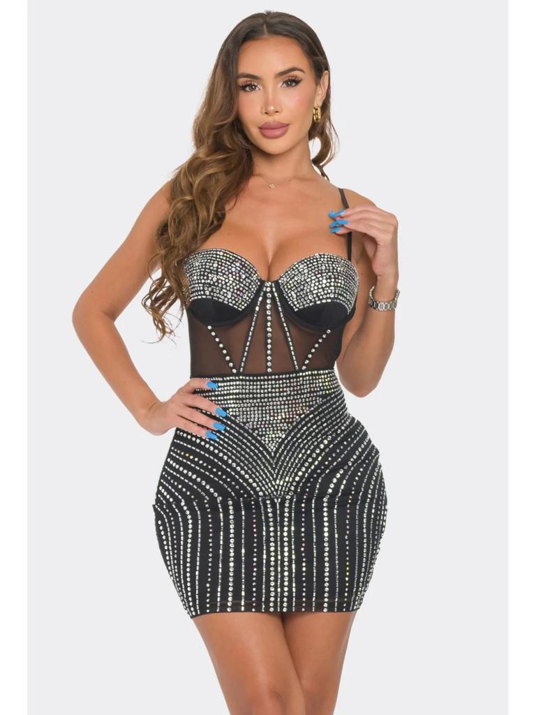 European-American Sexy Sheer Patchwork Bodycon Camisole Dress with Hot Drill Design