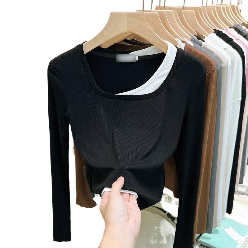 Stylish Korean Square Neck Faux Two-Piece Long-Sleeve Women's T-Shirt – Versatile Base Layer
