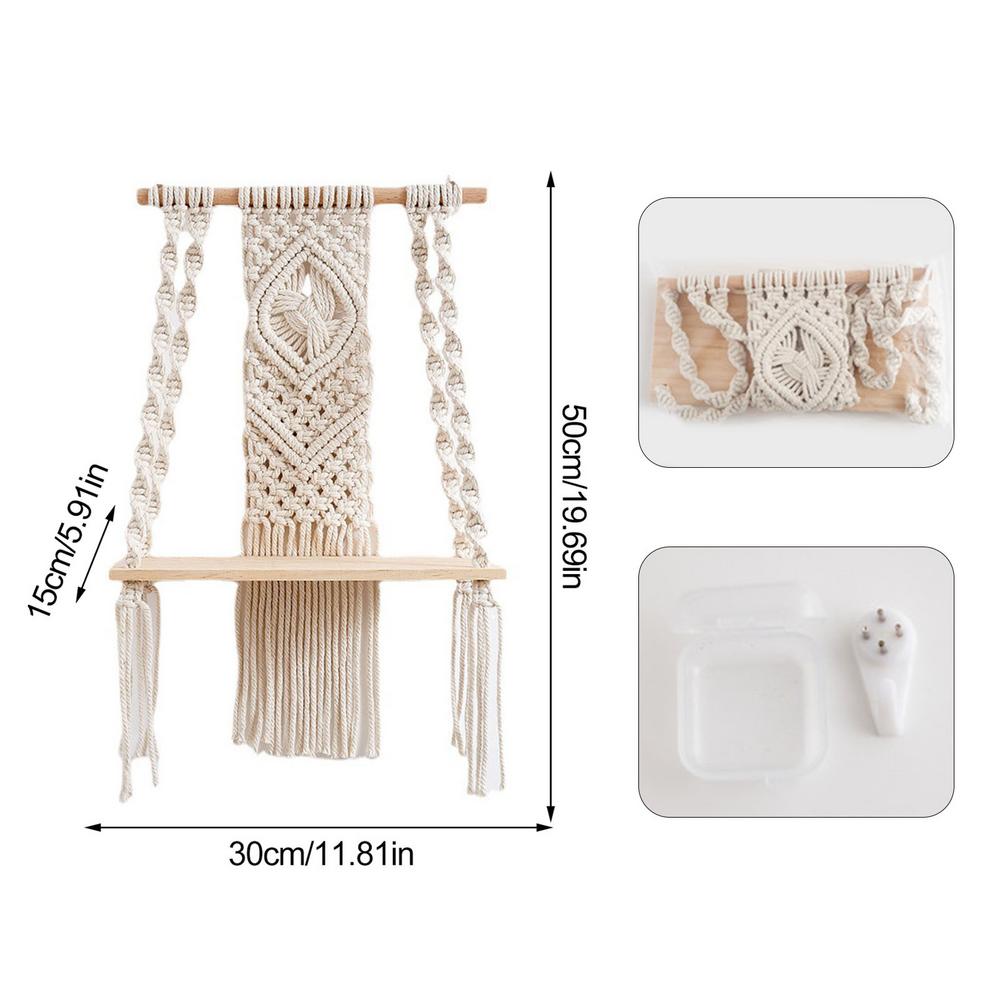 Bohemian Style Hand-Woven Wall Hanging Tapestry Wood Shelf Planter Basket 2 Tier Hanging Rack Art Wall Shelves Macrame