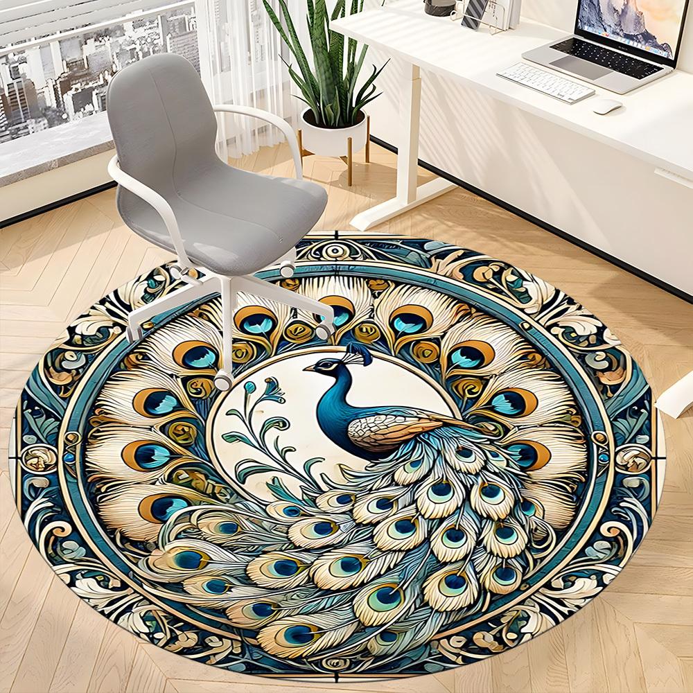 1 Stück Pfauen-Mandala Rundes Büroteppich, Matte Geeignet Für Büro, Unter Bürostühlen Schlafzimmer Wohnzimmer Heimdekoration, Zimmerdeko