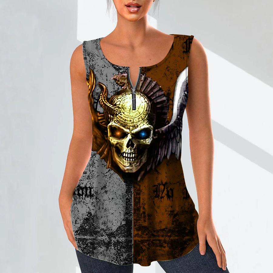 Camisas con cuello en V a la moda para mujer, camisetas informales, chaleco con estampado de esqueleto oscuro en 3D, blusa sin mangas de talla grande, camisetas sin mangas