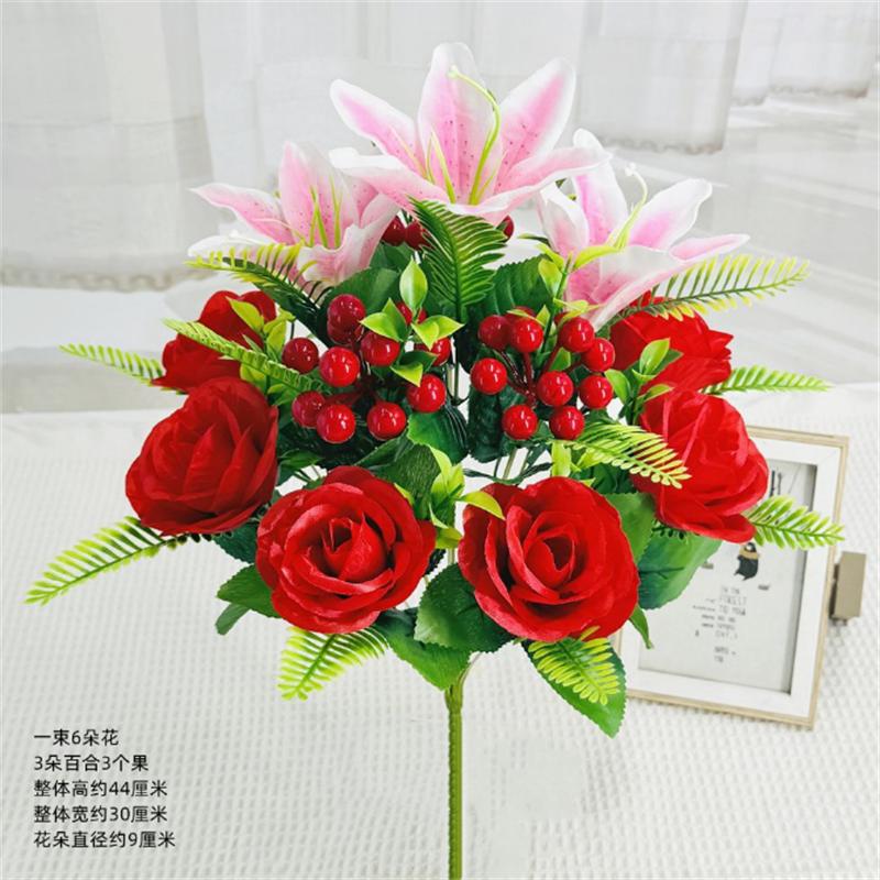 Искусственный цветок Новый трансграничный букет из искусственных цветов с комбинацией из 12 лилий и роз 1pcs
