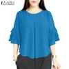 ZANZEA Damen Freizeit Rundhals Rüschen 3/4 Ärmel Lockere Bluse