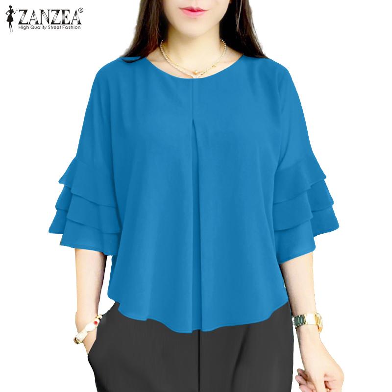 ZANZEA Women Casual Round Neck Ruffles 3/4 Sleeve Loose Blouse