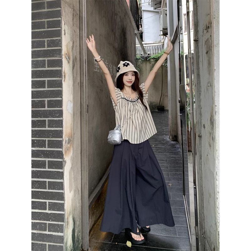 Kumikumi Casual Set Women Retro Stripe Flying Sleeves Shirts Summer Loose Wide Leg Casual Pants Two-piece Set