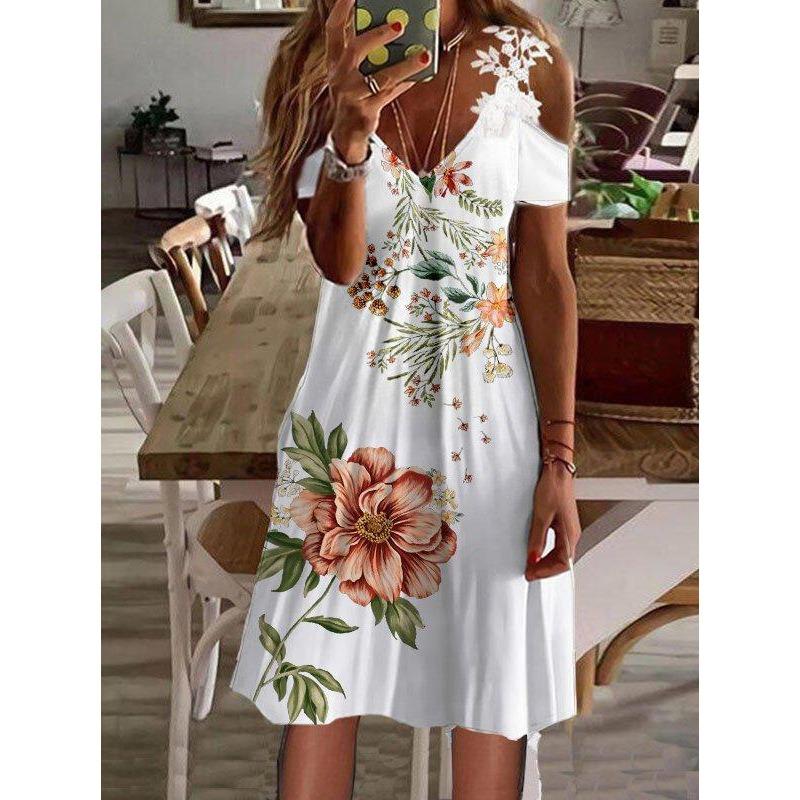 Vestido de Verano con Hombros Descubiertos de Encaje y Manga Corta Nuevo Estampado Holgado Casual Vestidos de Fiesta Moda Femenina Elegante Línea A Talla Grande Ropa Dulce