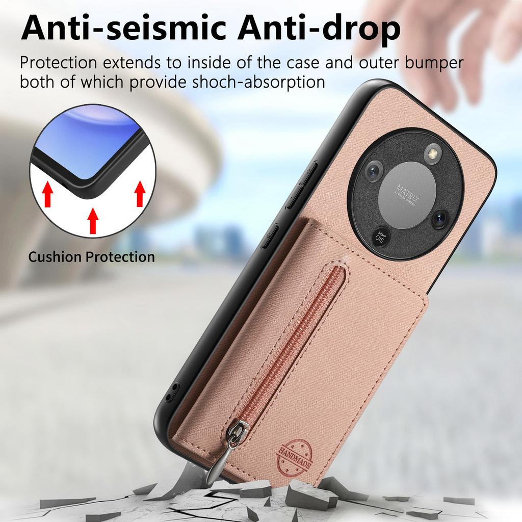 Phone Case For Honor Magic8 Lite 5G / X9d 5G / X70 5G Zipper Card Holder Kickstand Jeans Cloth Texture Leather Back Cover