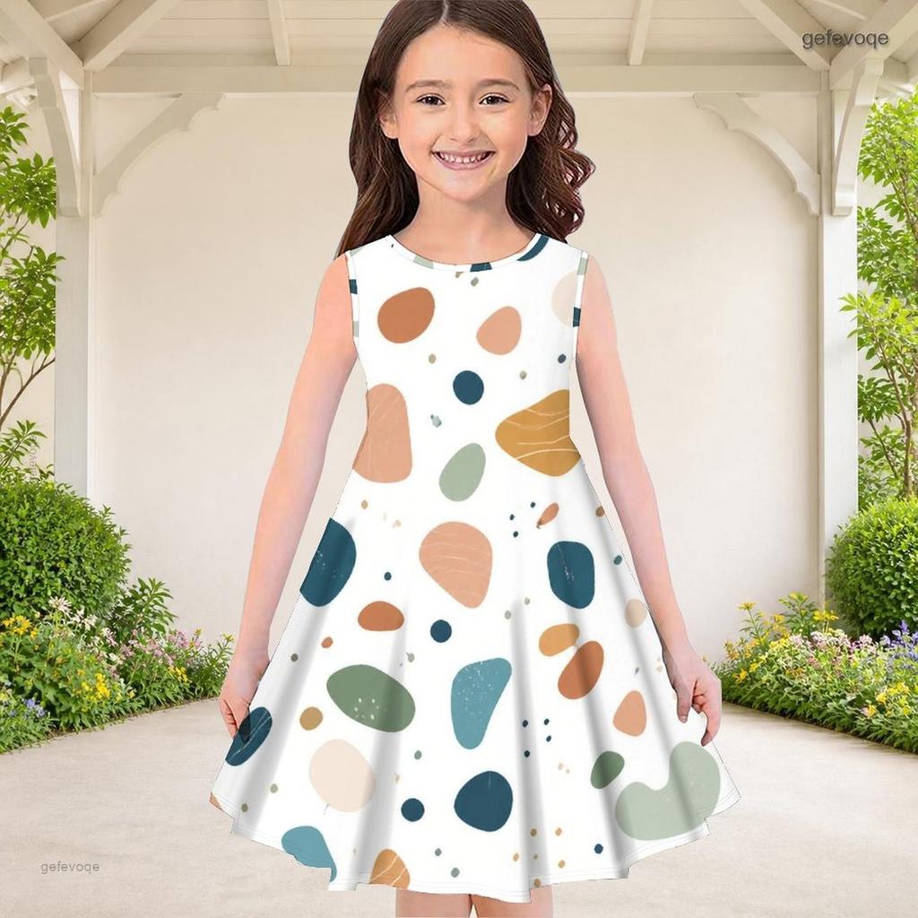 Girls Round Neck Sleeveless Geometric Printed A Line Flared Dress