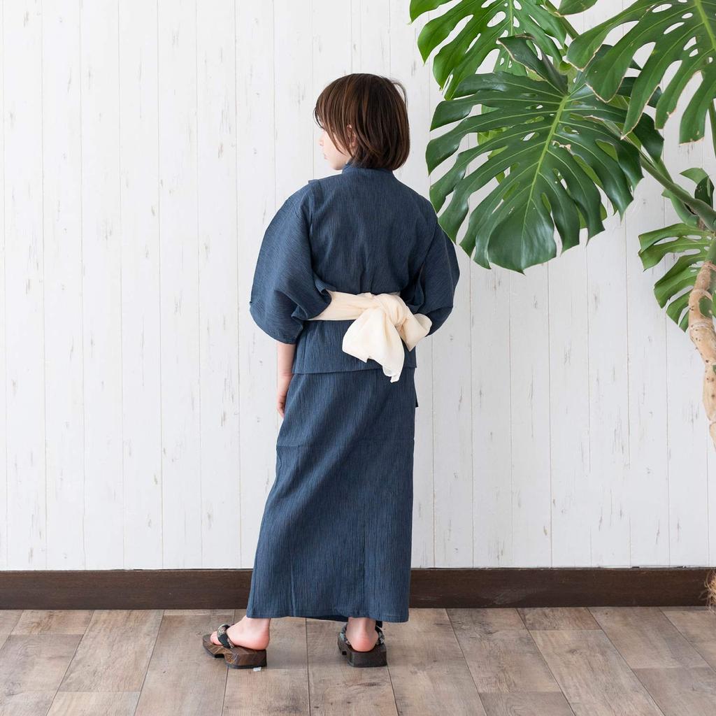 Yukata Cotton Linen Set Heko for Boys Indigo X Heko [KYOETSU] Set, Willow, Fabric, 2-piece (yukata, Obi) (110, G-12 Obi, Off-white)