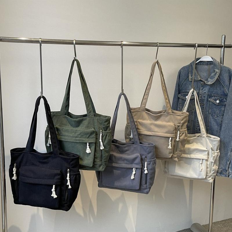 Multi-pocket Commuter Women's Corduroy Shoulder Bags Simple Casual College Girls Book Tote Vintage Solid Color Female Handbags