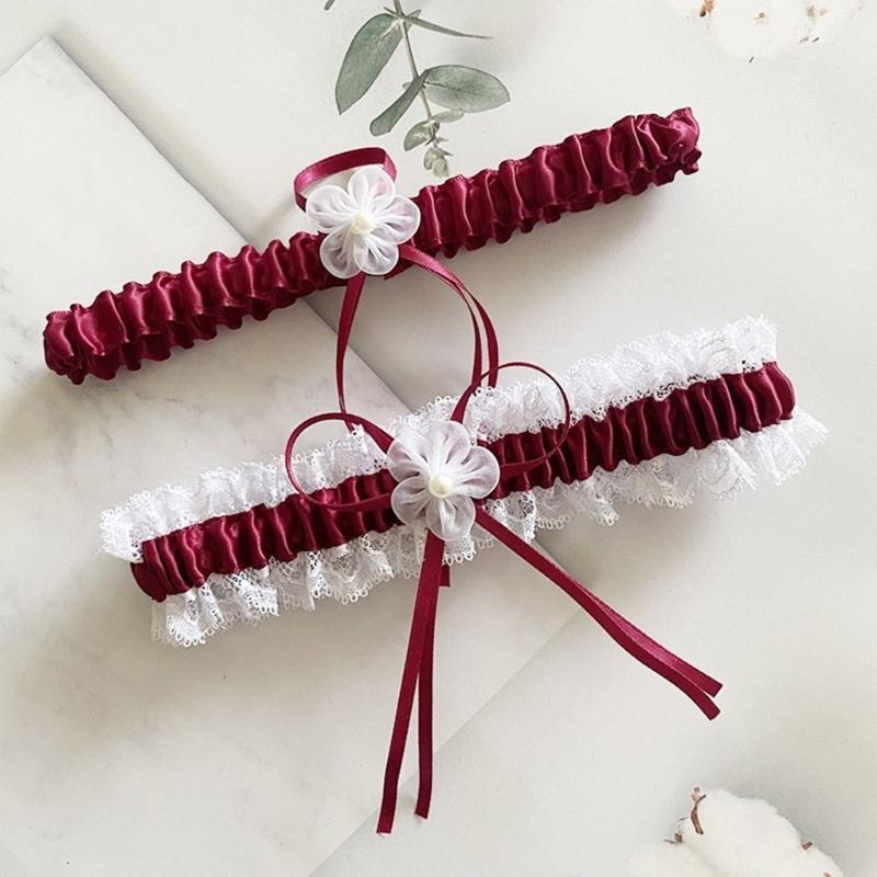 2 Stück Elegantes Spitze Braut-Strumpfband-Set mit Perlen, Blume und Schleifen für Hochzeiten, Verlobungsfeiern und Junggesellinnenabschiede