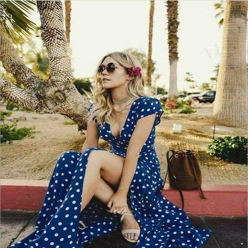 Stylish Womens Holiday Polka Dots Slit Maxi Dress Perfect For Summer Beach Outings