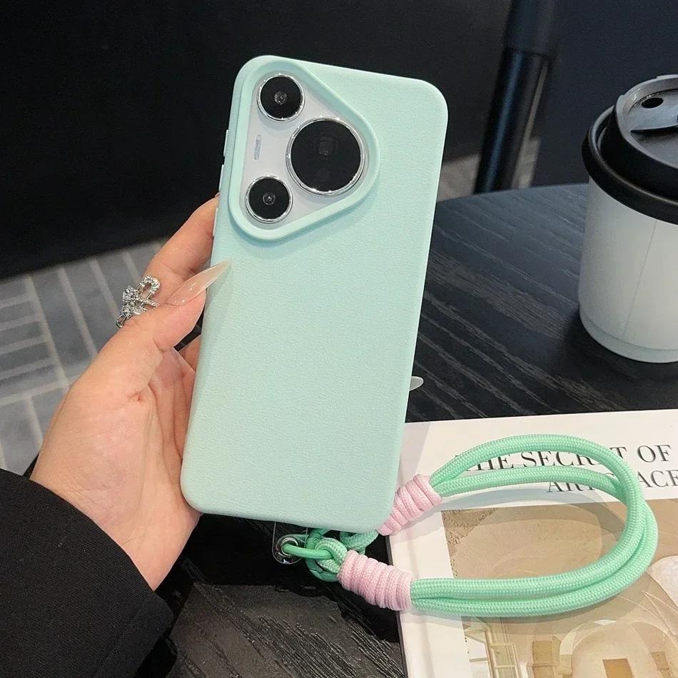 Litchi Pattern Leather Wrist Strap Case for Huawei P70 Pura 70 Ultra P60 P50 Pro Mate 40 50 60 Pro Plus Soft Lanyard Cases Cover