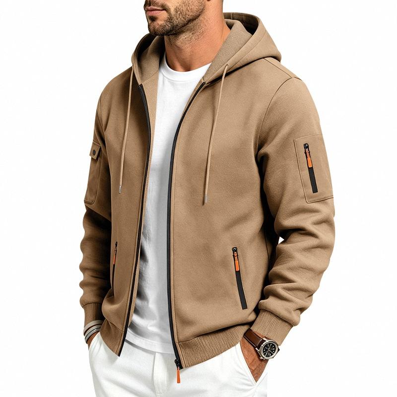 Men's Solid Zip‑Up Hooded Sweatshirt Casual Drawstring Hoodie Jacket Long Sleeve Arm Pocket Sports Outerwear for Male