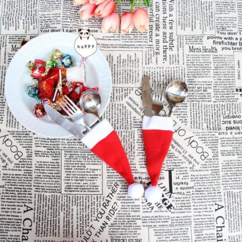 New 10PCS/Set Christmas Hat Holder Red Santa Claus Cutlery Bag Party Decor