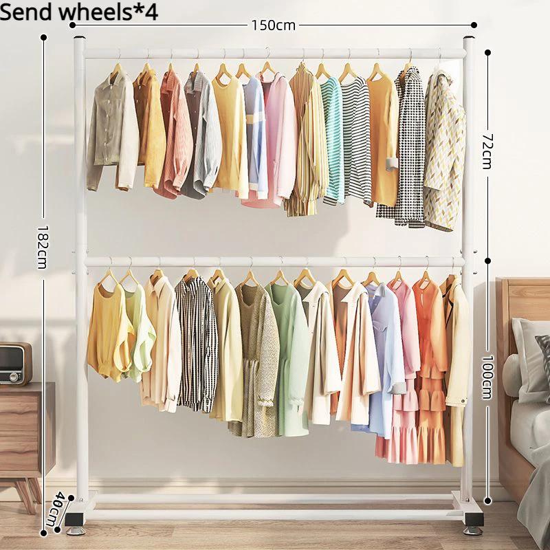 Movable Clothes Drying Rack Floor Stand Balcony Cloth Hanging Shelves With Wheels Metal No Slip Simple Living Room Coat Hanger