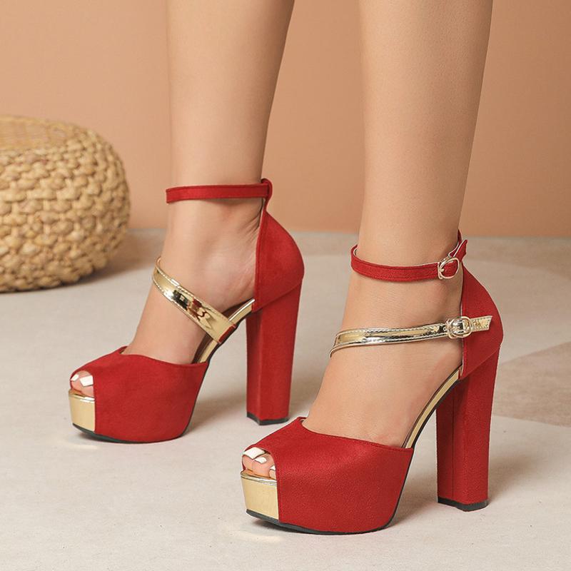 Fashion Liyke Fashion Double Buckle Strap Women Chunky Platform Sandals Sexy Thick Bottom Peep Toe 12.5CM Square High Heels Banquet Shoe