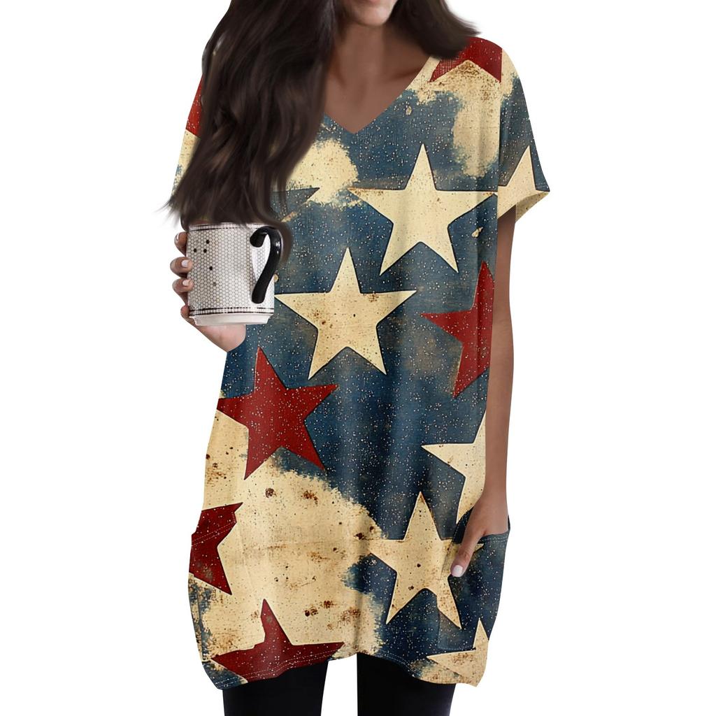Womens Tops V-neck Short Sleeve Blouses Casual Mid-length Shirts Fashion Independence Day Print Tunic Tops With Pockets