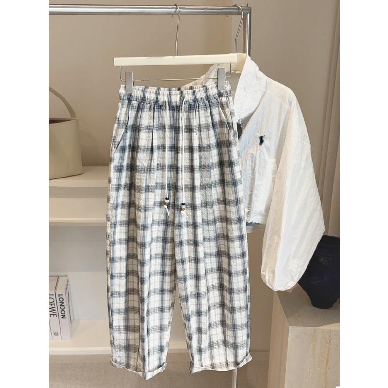 

Брюки карго в клетку на кулиске из пузырчатого хлопка, женские летние свободные и тонкие универсальные прямые брюки с широкими штанинами XL абрикосовый